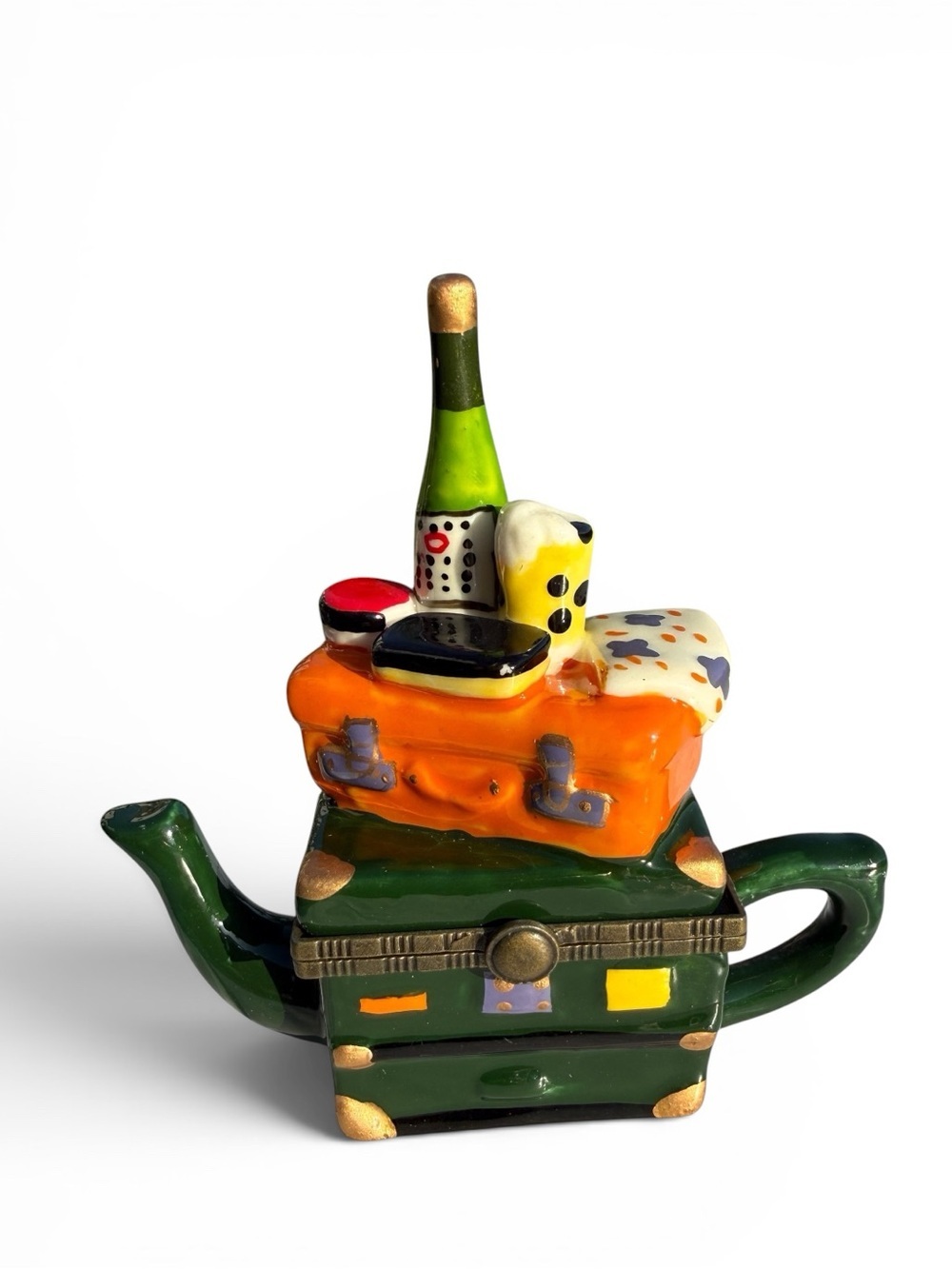 Vintage Travel Suitcase Teapot Trinket Box Champagne Beer Ceramic Jewelry Box 4”